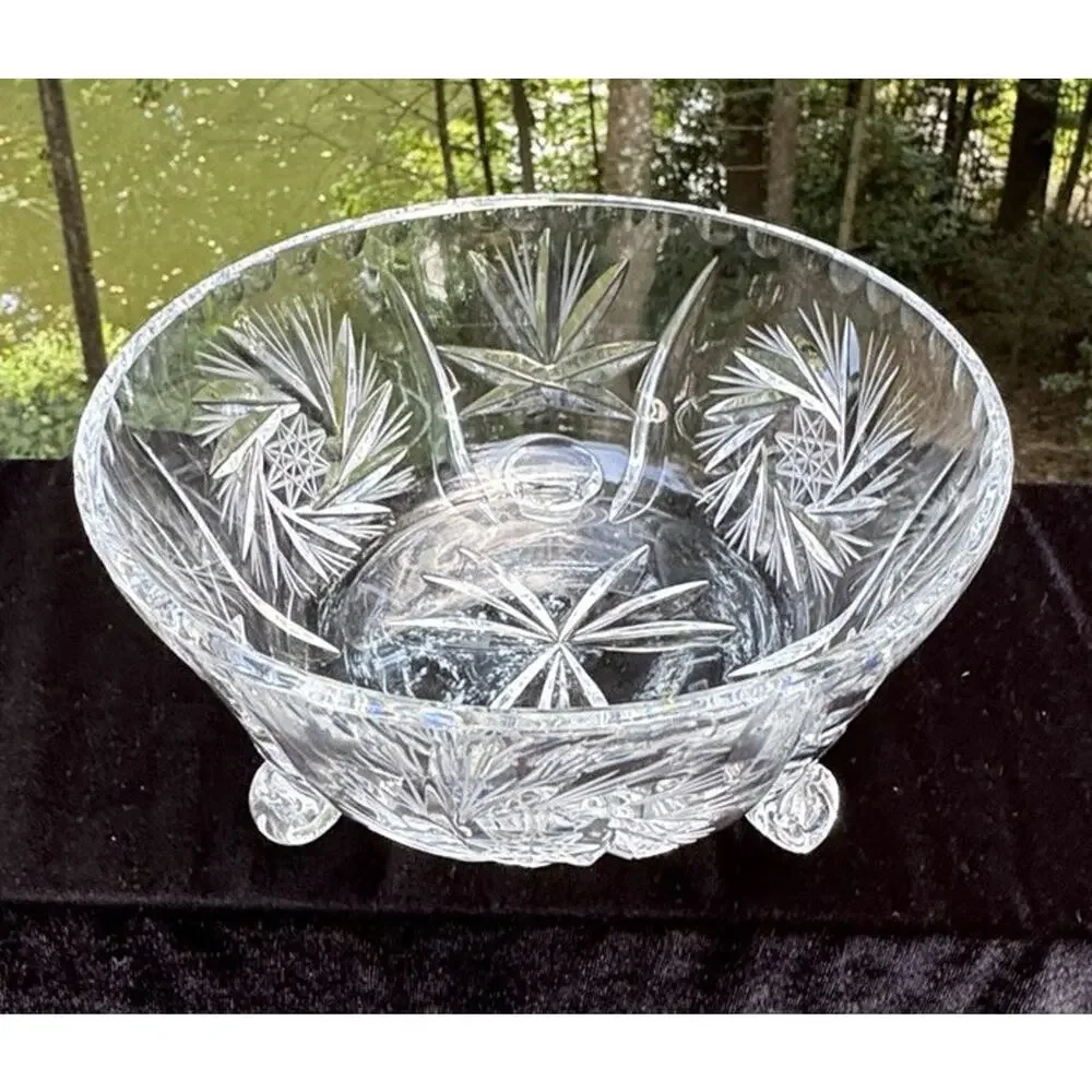Vtg Crystal Glass Pinwheel Center Star Of David Pattern Footed Serving Bowl -C13
